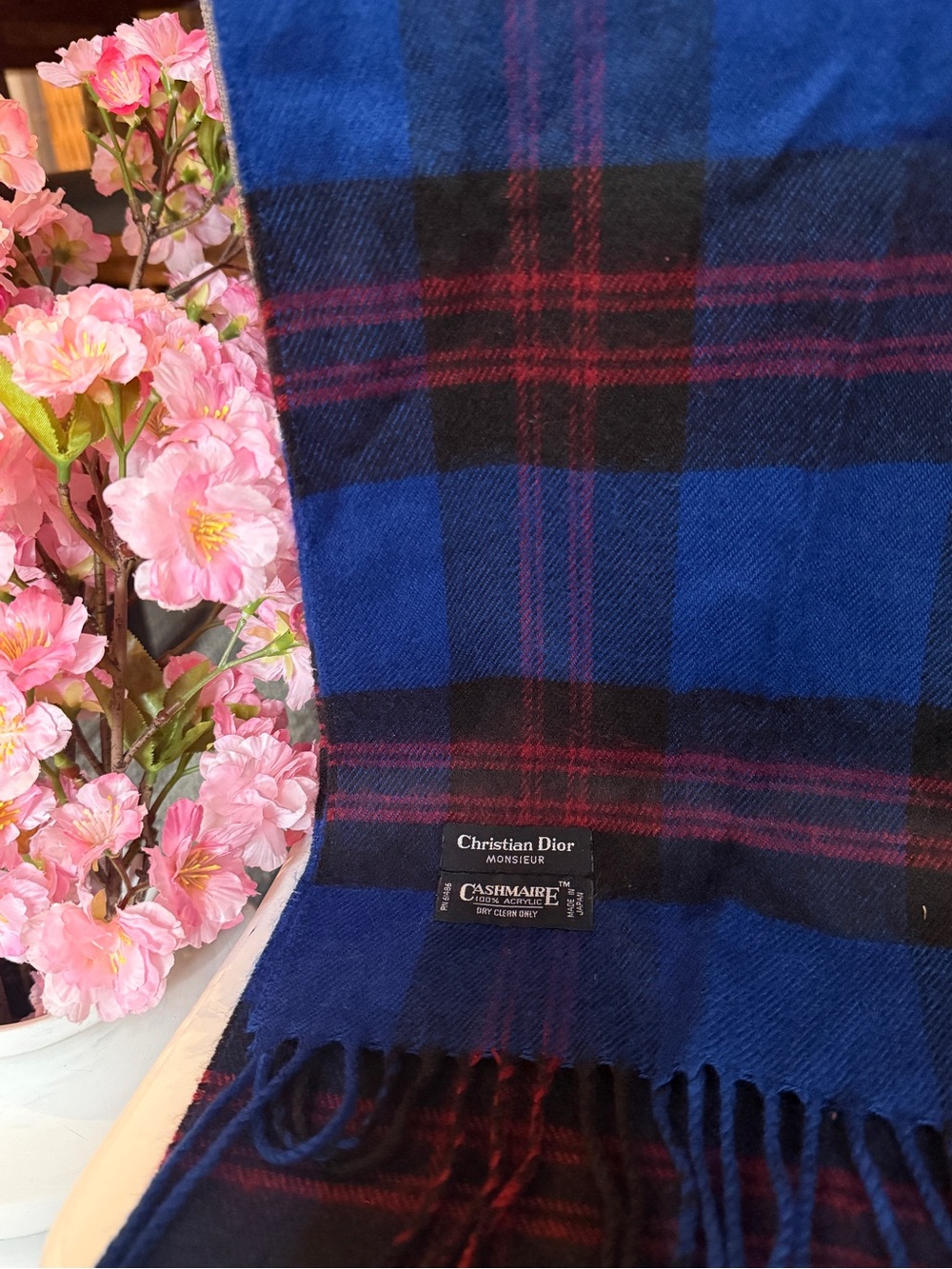 Dior Blue and Black Plaid Cashmere Scarf with Red Accents
